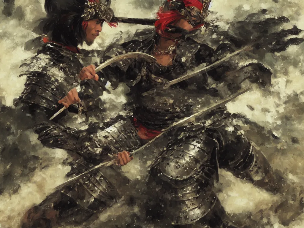 Image similar to close up of a samurai in full armor, training under a waterfall, by huang guangjian and gil elvgren, sachin teng, greg manchess