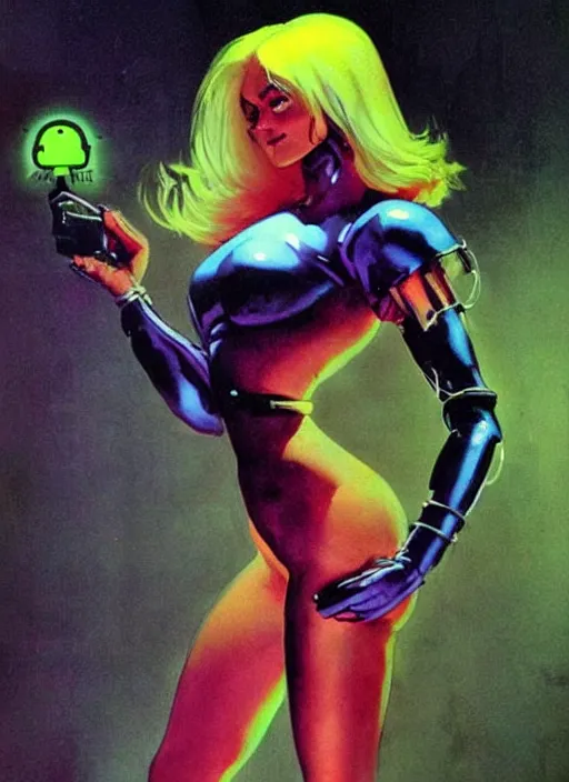 Image similar to female evil android, neon hair, glowing skin, strong line, saturated color, beautiful! coherent! by frank frazetta, high contrast, minimalism