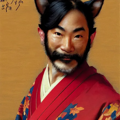 Image similar to a portrait of a hamato yoshi wearing a red kimono, hairy, feet, tail. highly detailed painting by gaston bussiere, craig mullins, j. c. leyendecker, furry