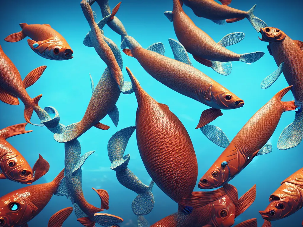 Image similar to a sculpture of fish group ocean intertwined, diode lighting, a lovely cornucopia of flowers and human body parts, body parts, highly detailed, octane render, cinematic, sharp focus, clean, studio lighting, sunset