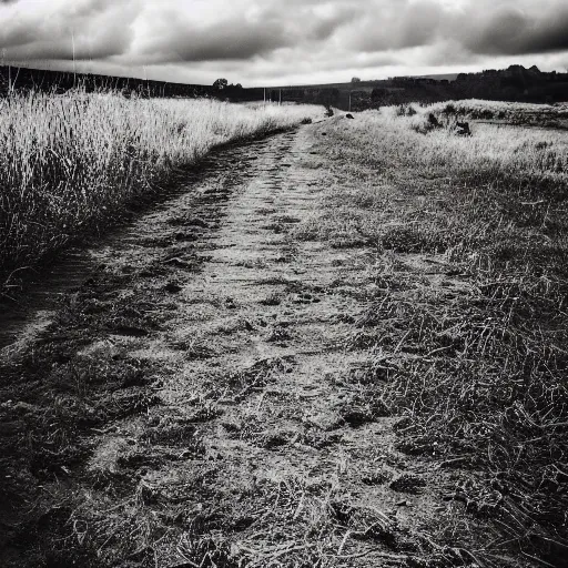 Prompt: an open field, dirt path, full color