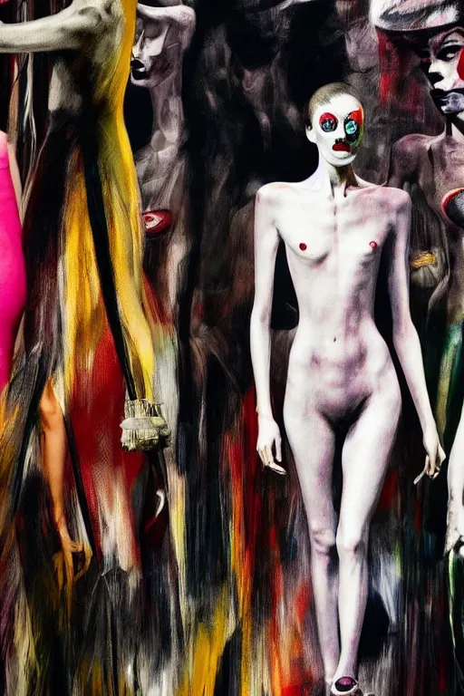 Image similar to crazy fashion catwalk, one model, crazy clothes, hauntingly surreal, highly detailed painting by francis bacon, edward hopper, adrian ghenie, gerhard richter, and james jean soft light 4 k,