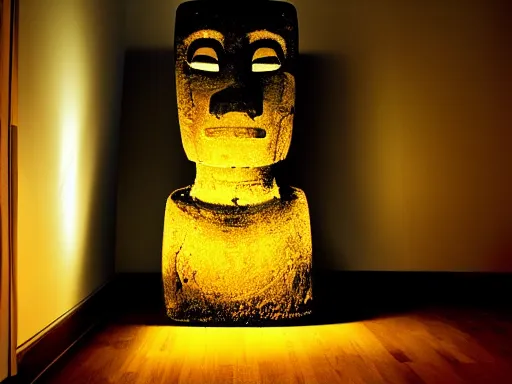 Image similar to a moai in a dark living room at night