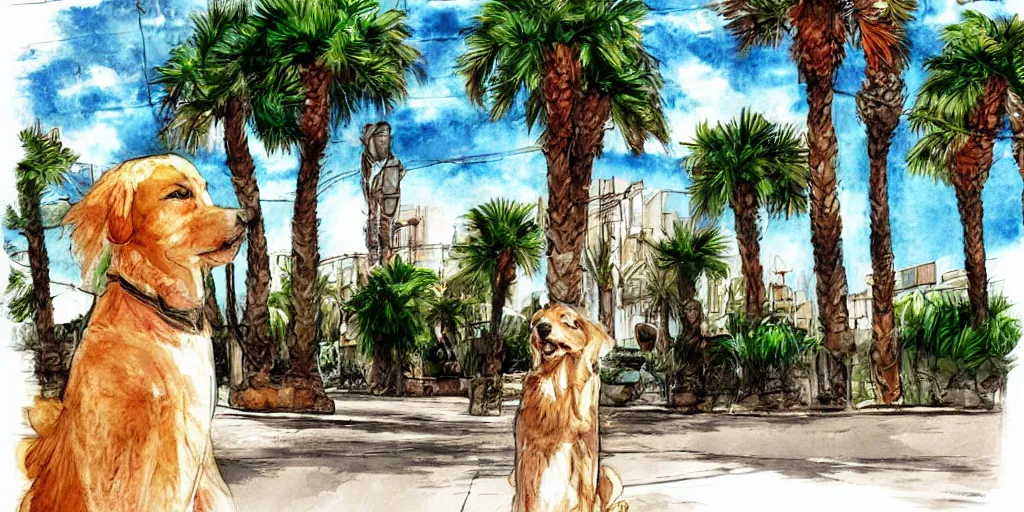 Image similar to portrait golden retriever dog standing in tel aviv street looking at the camera. palm trees. optimistic. digital art. watercolor. highly detailed. drawing. art. colorful. fluffy