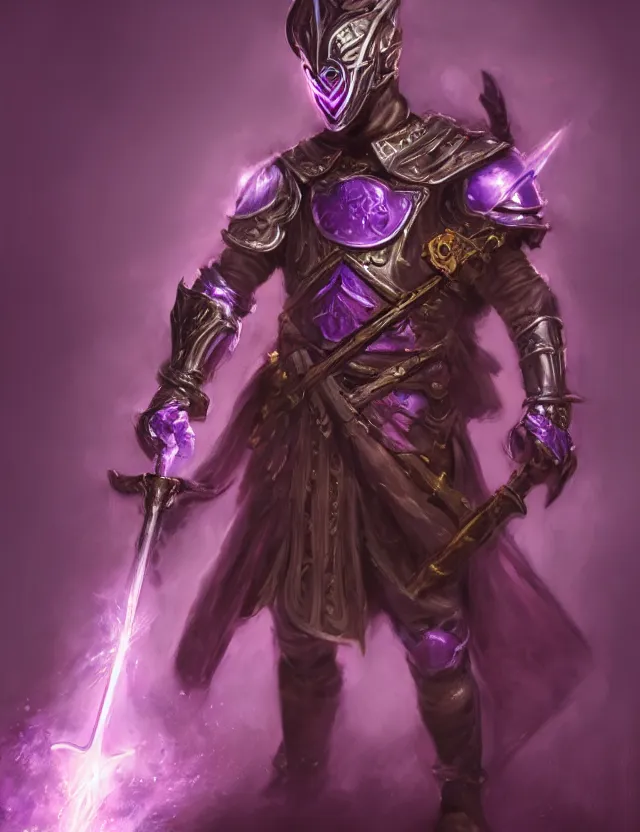 Image similar to a masked warrior in purple armour glowing violet, wielding a large purple sword that flashes with lightning, by frank fazetta and peter mohrbacher, trending on artstation, digital art, 4 k resolution, detailed, high quality, hq artwork, coherent, insane detail, concept art, character concept, character full body portrait