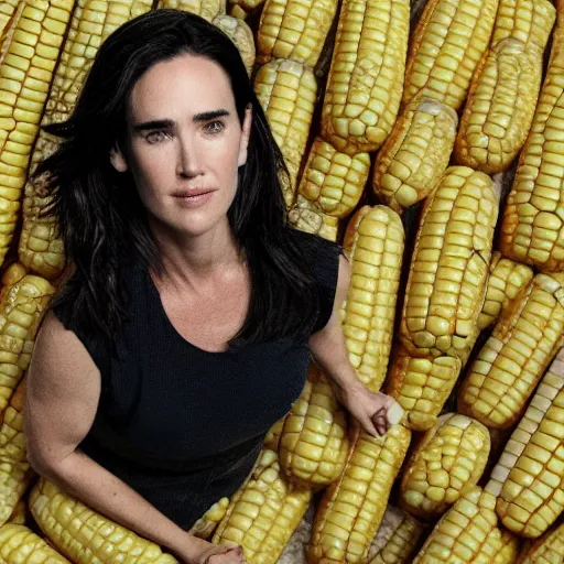 Prompt: jennifer connelly inside a piece of corn