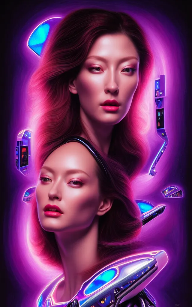 Prompt: beauty woman in holograms of alien artifacts, electrical case display, total recall tech, , ultrarealistic, dramatic lighting, electrical details, high details, 4k, 8k, best, accurate, trending on artstation, artstation, photorealism, ultrarealistic, digital painting, style of Tristan Eaton Stanley Artgerm and Hajime Sorayama, Caravaggio, Boris Vallejo