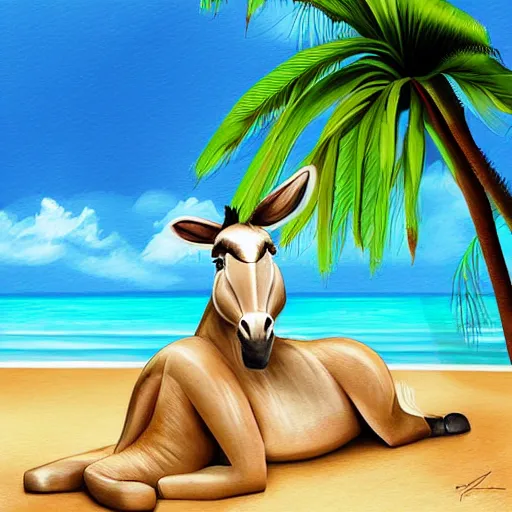 Prompt: donkey on a sunbed, tropical vacation, digital art