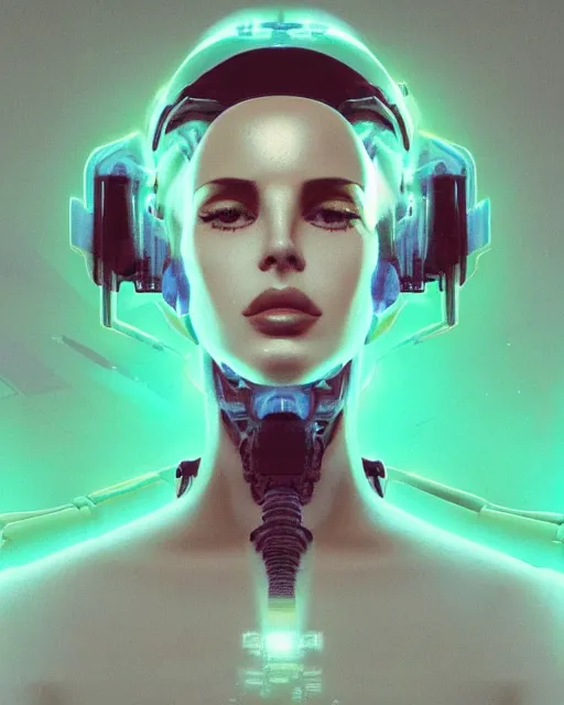 Image similar to portrait of Lana Del Rey as a cyborg. intricate abstract. intricate artwork. by Tooth Wu, wlop, beeple, dan mumford. mulholland drive by david lynch, dune by david lynch, octane render, trending on artstation, greg rutkowski very coherent symmetrical artwork. cinematic, hyper realism, high detail, octane render, 8k, iridescent accents