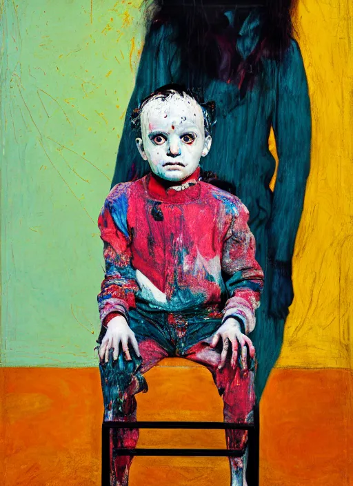 Prompt: portrait of a child harlequin sitting on a stool, by vincent lefevre and hernan bas and pat steir and hilma af klint, psychological, photorealistic, symmetrical face, dripping paint, washy brush, threads, rendered in octane, altermodern, masterpiece