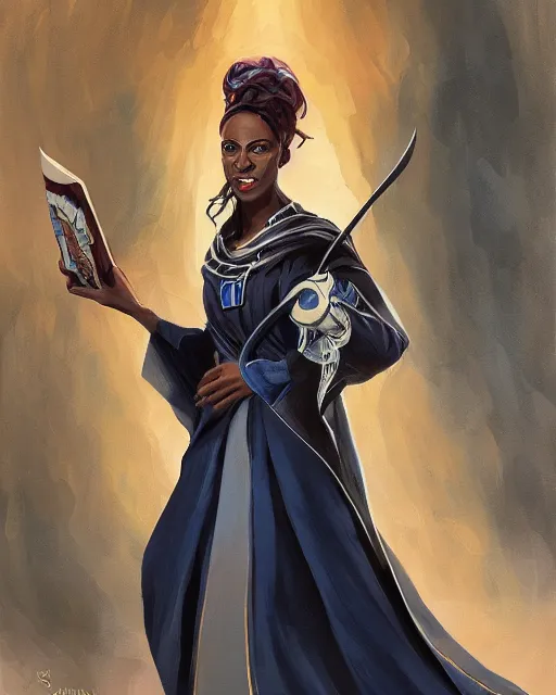 Image similar to a female dnd wizard's portrait by ray swanland and rhads, black, african, blue robes, papers and tomes