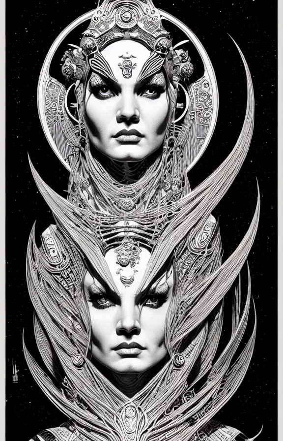 Prompt: ancient goddess, extremely detailed, bold line art, by vincent di fate and joe fenton and artgerm, oizys, inking, etching, screen print, inkblots of color, masterpiece, trending on artstation, sharp, high contrast, hyper realistic, hd, 4 k, 8 k