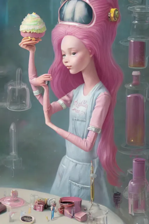 Prompt: highly detailed, profile portrait of princess bubblegum experimenting in her lab, wearing lab coat and tiara, bubblegum hair, depth of field, illustration concept art by nicoletta ceccoli, mark ryden, lostfish, detailed and intricate environment, 8 k resolution, hyperrealistic, octane render