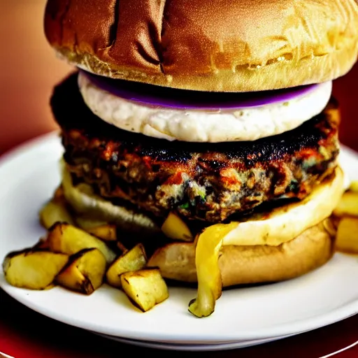 Prompt: potato burger, award winning photo, food photography, golden hour, holy