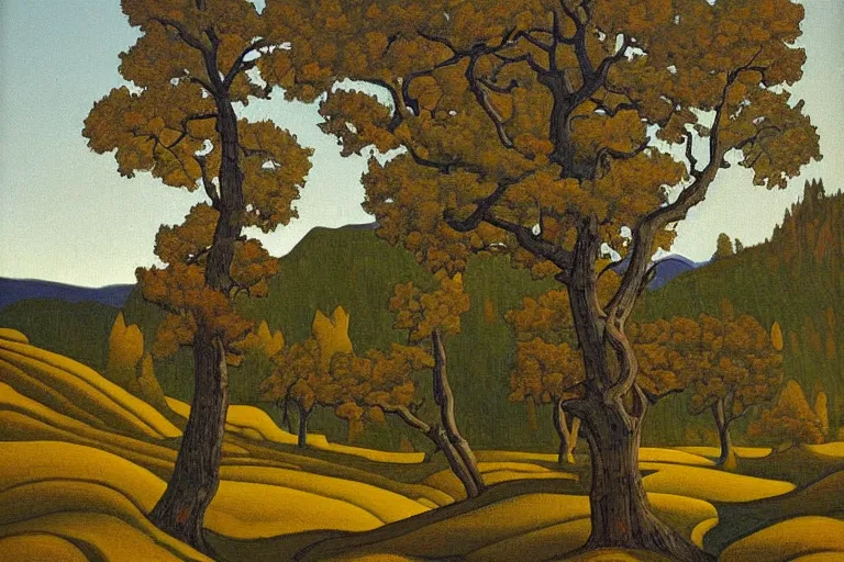 Prompt: masterpiece painting of oak trees on a hillside overlooking a creek, dramatic lighting, by lawren harris