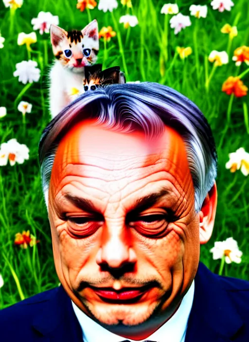 Prompt: hungarian prime minister viktor orban laying on a field of flowers with multiple cute kittens, photo, professionally retouched, realistic, smooth face, perfect eyes, symmetrical, full body shot, wide angle, sharp focus on eyes, 8 k high definition, insanely detailed, intricate, elegant, art by artgerm