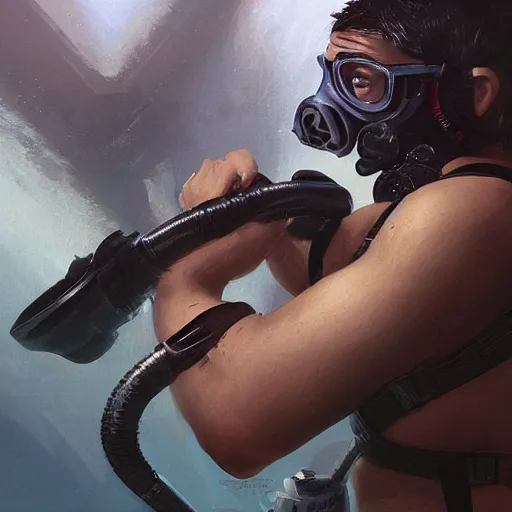 Prompt: a profile photo of a man with diving mask with tattoos on arm and neck, side profile in underwater, highly detailed, digital painting, artstation, concept art, smooth, sharp focus by raymond swanland and jesper ejsing rim light