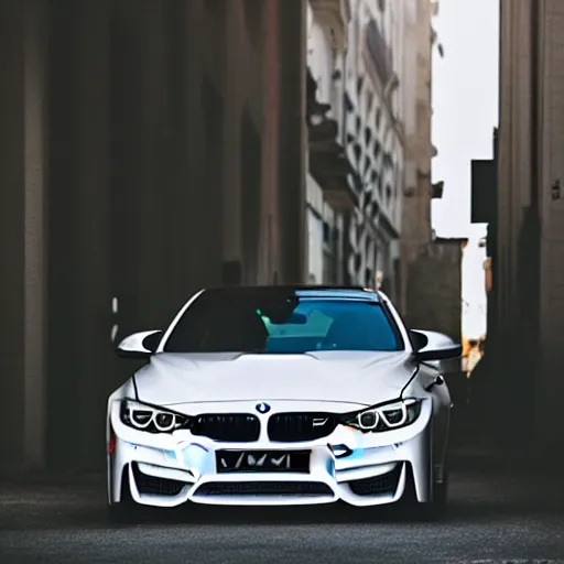 Image similar to cinematic photos of a white bmw m 4