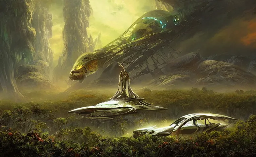 Image similar to a highly detailed matte painting of an alien world with eerie flora and a crashed abandoned spaceship, dynamic lighting, ambient lighting, deviantart, art by artgerm and karol bak and mark brooks, jason edmiston