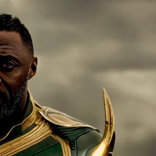 Prompt: film still of Idris Elba as Loki in new Avengers film, photorealistic 8k