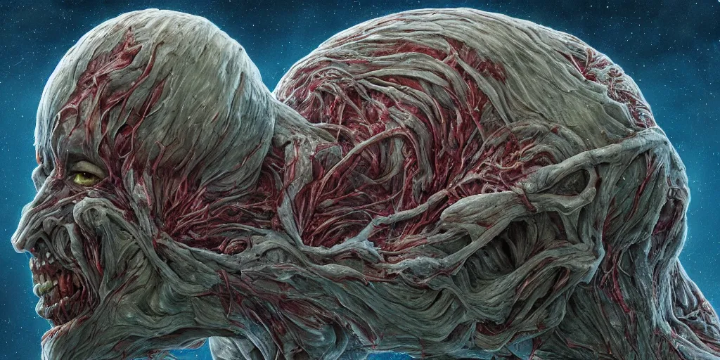 Image similar to skin folded like a blanket, veins, muscle tissue, blue veins underneath the skin, sub surface scattering, smooth, disturbing, highly interesting, masterpiece, 4 k, the thing, horror, cosmic horror, junji ito, larry elmore, gediminas pranckevicius, h. r. giger,