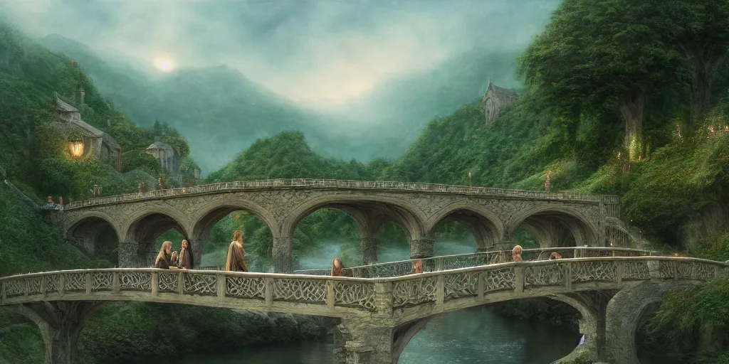 Image similar to , Arwen and Aragorn having a romantic moment on the bridge at Rivendell, evening, detailed matte painting, cinematic, Alan Lee, Artstation