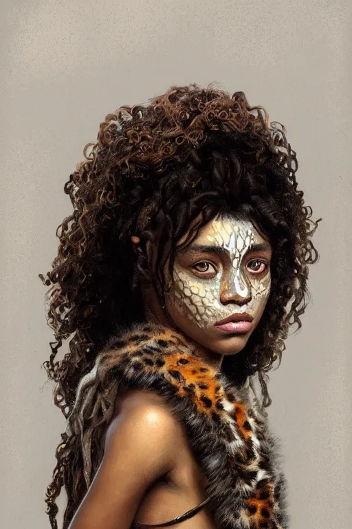 Image similar to portrait of a beautiful young aztec girl with vitiligo, covered in jaguar fur cloths, different colored eyes, curly black and brown hairs, by greg rutkowski and alphonse mucha, d & d character, gradient white to silver, highly detailed portrait, digital painting, artstation, concept art, smooth, sharp focus ilustration, artstation hq