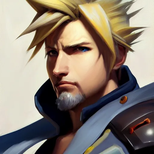 Image similar to Greg Manchess portrait painting o Cloud Strife as Overwatch character, medium shot, asymmetrical, profile picture, Organic Painting, sunny day, Matte Painting, bold shapes, hard edges, street art, trending on artstation, by Huang Guangjian and Gil Elvgren and Sachin Teng