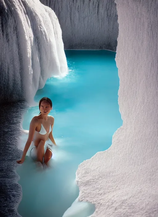 Image similar to Kodak Portra 400, 8K, soft light, volumetric lighting, highly detailed, britt marling style 3/4 ,portrait photo of teen Kasumi Arimura, the face emerges from Pamukkale, thermal waters flowing down white travertine terraces, inspired by Ophelia paint , a beautiful luxurious celestial suit and hair are intricate with highly detailed realistic beautiful flowers , Realistic, Refined, Highly Detailed, interstellar outdoor soft pastel lighting colors scheme, outdoor fine art photography, Hyper realistic, photo realistic