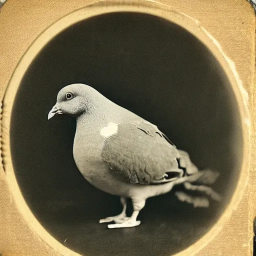 Image similar to Tintype photograph of chonky pigeon as an overweifght subject. 1990s studio lighting.