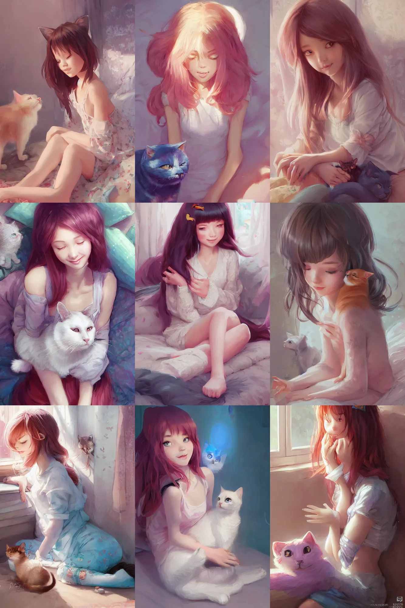 Prompt: a beautiful shy girl sitting in her bedroom petting a cat | | cute - fine - subtle smile, colorful hair, face, pretty face, fine details by stanley artgerm lau, wlop, rossdraws, james jean, andrei riabovitchev, marc simonetti, and sakimichan, trending on artstation