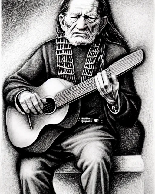 Image similar to a photorealistic portrait of willie nelson and his guitar, in the style of hieronymus bosch, pencil drawing, hyperrealist