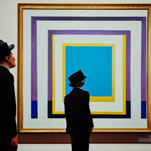 Image similar to in an art gallery, there is a huge painting of carmen herrera blue with white line. a man in a top hat and a suit iadmiring the painting. cgsociety, surrealism, surrealist, dystopian art, purple color scheme