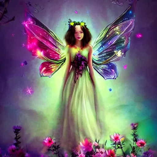 Prompt: macabre fairy princess, galaxy wings, woodland grove, beautiful colorful pretty artistic 4 k artstation trending dynamic dramatic lighting realistic floral garden blooming flowers high contrast