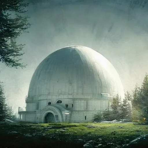 Image similar to mysterious glowing white domed sci-fi building, Ivan Shishkin and Greg Rutkowski