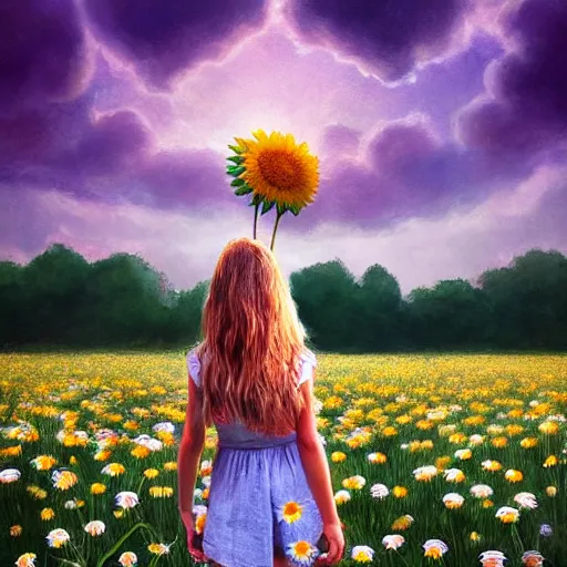 Prompt: head made of giant daisies, girl standing barefoot in a flower field, holding flowers, surreal photography, sunrise dramatic light, impressionist painting, colorful clouds, large sky, digital painting, artstation, simon stalenhag, flower face