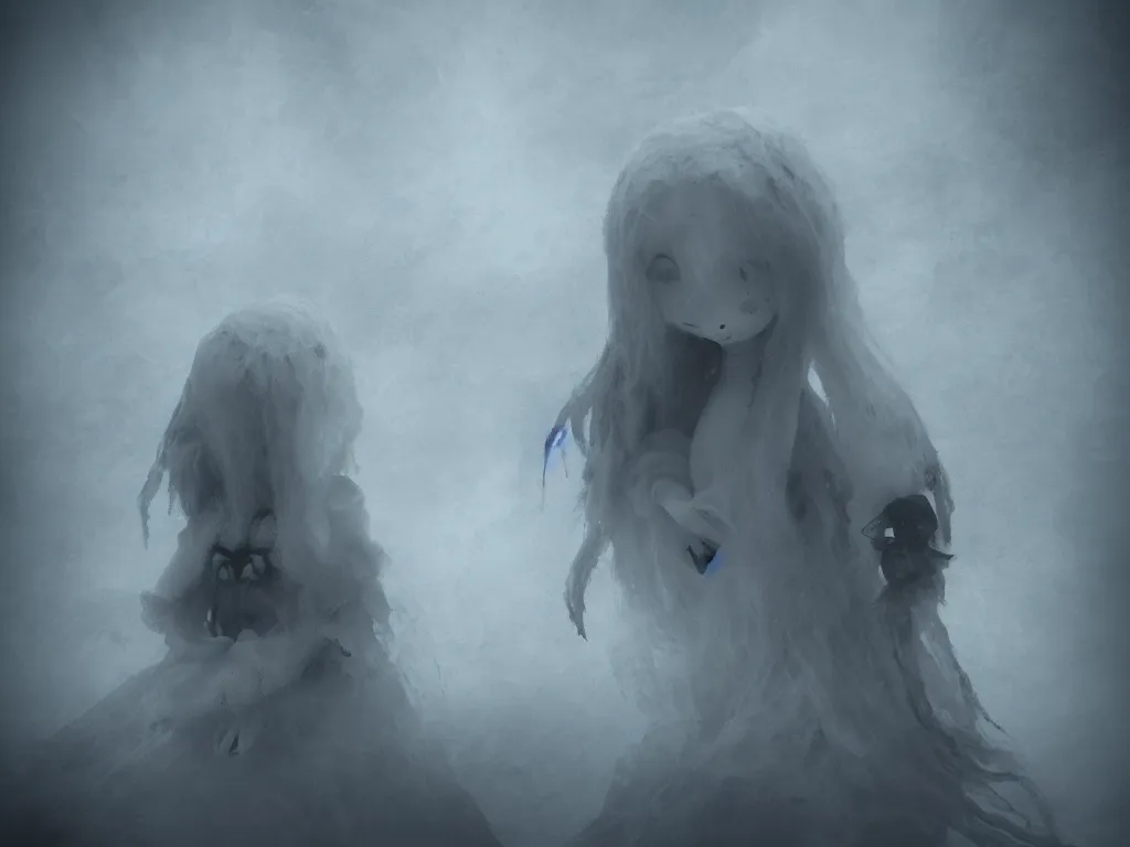 Image similar to cute fumo plush girl ghost in the haze of the murky river, smoke and volumetric fog, tattered gothic horror maiden, fallen angel, light shafts, light and shadow, vray