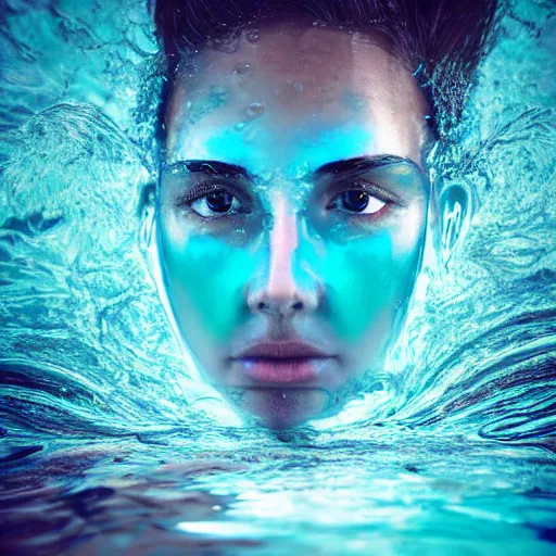 Prompt: water artwork manipulation in the shape of a human head, on the ocean water, futuristic, glowing, gradient, hyper realistic, ray tracing, realistic water, sharp focus, long shot, 8 k resolution, cinematic, photoshop water art