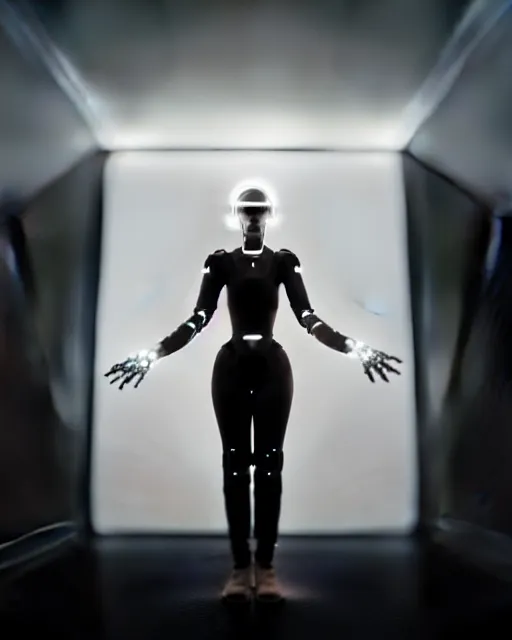 Image similar to black and white high quality photo of a beautiful futuristic dancing female posthuman-cyborg looking into a sci-fi mirror:: volumetric lighting, liminal space, brutalism, foggy, dreamy, hyperdetailed, bokeh, photorealistic, cinematic, masterpiece, Metropolis, elegant, dark, octane render, 8K, in the style of Dora Maar and Man Ray