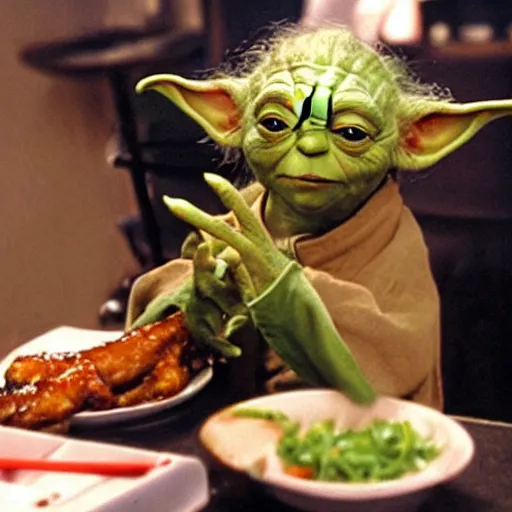 Image similar to yoda eating chicken wings