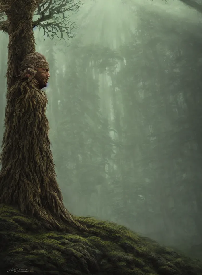 Prompt: a face portrait of the tree god guarding the temperate forests from skyrim, fantasy setting, serene environment, serene colors, soft lighting, atmospheric, cinematic, moody, in the style of diego koi, gina heyer, luiz escanuela, art by alyssa monk, hyperrealism, rule of thirds, golden ratio, oil on canvas, 8 k