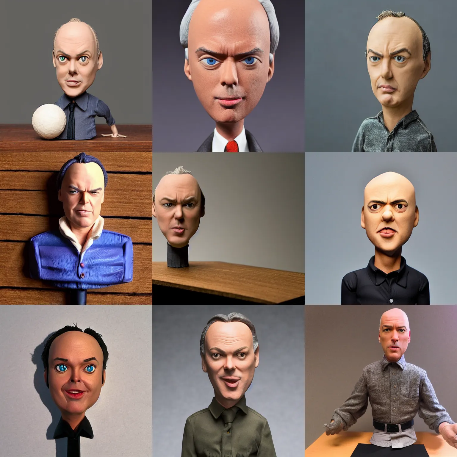 Prompt: michael keaton!!! extremely realistic!!! smooth specular clay! extremely close smooth specular sculpted headshot of michael keaton clay puppet , soft light dull mood, low saturation, on wooden table. style: claymation puppet kids clay ,by will vinton ,by guldies