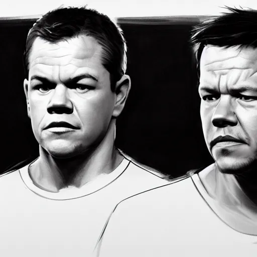 Image similar to Matt Damon and Mark Wahlberg looking at each other confused in the mirror, artstation, concept art, smooth, sharp focus, illustration