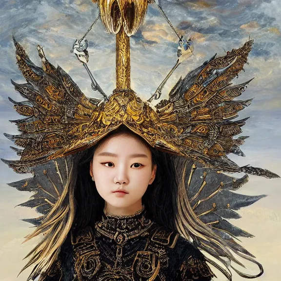 Prompt: highly detailed portrait of Hwang yeji wear a beautiful metal heron helmet cover whole face in shiny fairy style armour, sea in the background, Raffaello Sanzio style