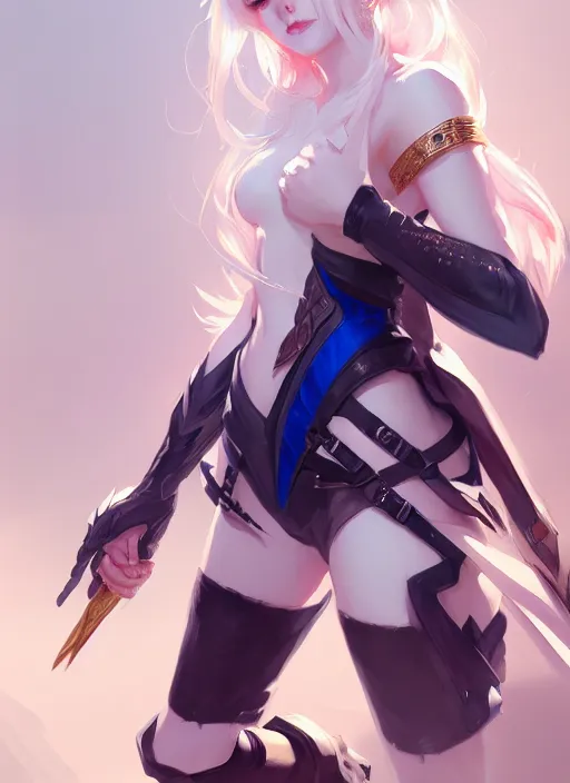 Prompt: lol ashe, wide angle view, white, black, blue, pink, gold, highly detailed, artgerm, cushart krenz, zeronis, sakimichan, trending on artstation, soft light, sharp edges, illustration, character design, concept art