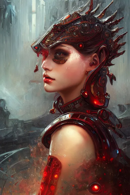 Image similar to portrait knights of Zodiac girl+smoky eyes, black fire red color reflected armor, in ruined Agora of Athens rainy night, ssci-fi and fantasy, intricate and very very beautiful and elegant, highly detailed, digital painting, artstation, concept art, smooth and sharp focus, illustration, art by tian zi and WLOP and alphonse mucha