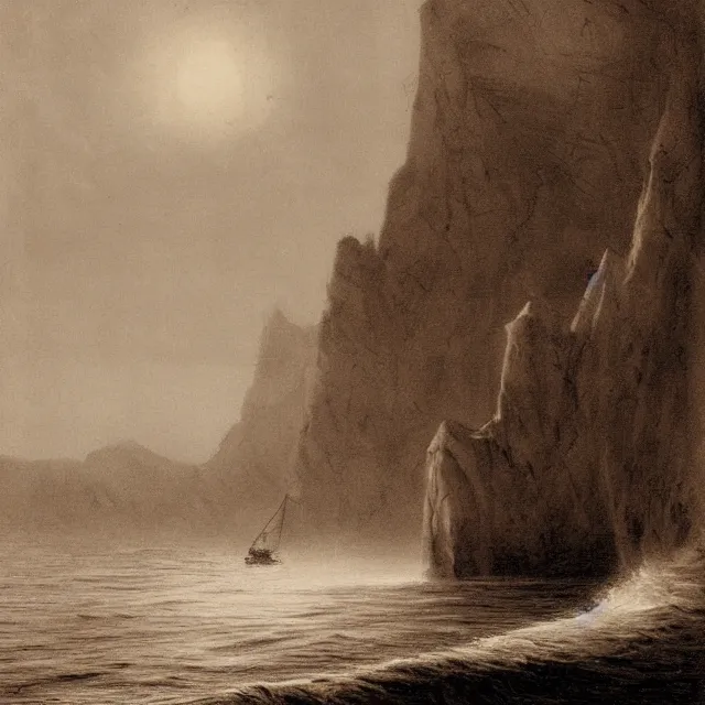 Image similar to photorealistic sepia painting of a 1 9 2 0 s fishing boat sailing in front of a tropical island cliff with the mouth of a grotto at the waterline, dark, brooding, atmospheric, lovecraft, by dave dorman