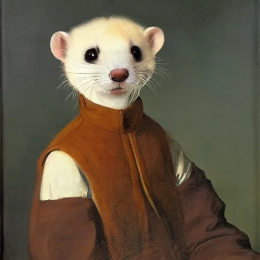 Prompt: Portrait of a Ferret with brown face markings in a general outfit , painted by Jan Willem Pieneman, Courageous, Bold, painting