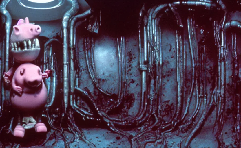 Image similar to peppa the pig infected by xenomorph from movie alien 1 9 7 9, staying at nostromo spaceship. extreme long shot, 4 k, cinestill, giger, hermann nitsch, dark colors