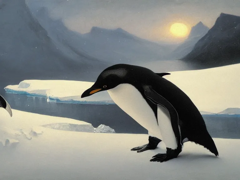 Image similar to an oil painting of a penguin playing in pure white snow on a misty glacier at dusk. aurora. by tuomas korpi moebius and carl spitzweg. baroque elements. intricate artwork by caravaggio. oil painting. oil on canvas. award winning. dramatic. trending on artstation. 8 k